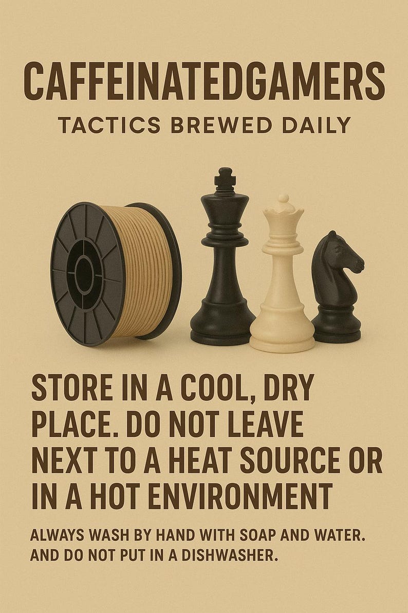 May include: A spool of tan 3D printing filament next to black and white chess pieces, including a king, queen, and knight. The text reads CAFFEINATEDGAMERS TACTICS BREWED DAILY, STORE IN A COOL, DRY PLACE, and ALWAYS WASH BY HAND WITH SOAP AND WATER.