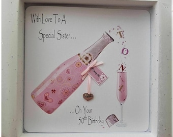 Personalised 50th Pink Champagne Birthday Card Little Sister, Middle Sister, Big Sister, Any Relation, Age Or Tipple (SKU0008)