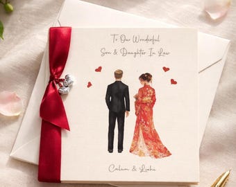 Customisable Wedding Day Card Son Daughter In Law Any Couple Or Colour Suit Skin Tone Hair LGBT Gay Marriage Oriental Dress (SKU1473)
