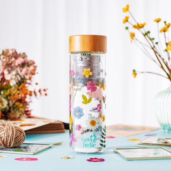Pressed Flowers Glass Water Bottle With Infuser & Lunch Box Etsy UK