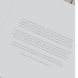 May include: A wedding card with a white background and gray text. The card features a poem about a wedding day and wishes the couple happiness and the best in life. The text reads: "Your Wedding Day is finally here, what a celebration to hold Together you'll stand side by side, and watch the day unfold Remembering how you fell in love and the happiness this brings As you say your vows together, with the exchanging of your rings In years gone by you've explored the world, you've had the best in life And as you're sharing it together now, as a husband and a wife We're so proud to be here with you, and we would also like to say We wish you all the happiness your wedding day will bring And for your future life together, we wish the best of everything Sending All Our Love & Best Wishes"