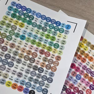 May include: Sheets of color swatches with various hues and color codes. The sheets contain numerous small, circular color samples, ideal for design or art projects. The color codes are printed below each color.