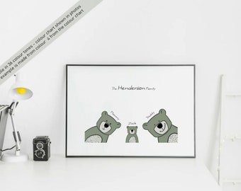 Personalised Nursery Wall Print, Wallart, Digital Print Bear Family Selfie, Baby Room Nursery Decor Bears Any Colour Upto 5 Bears SKUWAT19