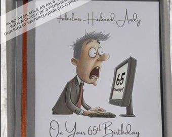 Personalised 65th Birthday Card Husband Grandson Dad Son Friend 21st 30th 40th 50th 60th 70th 90th Computer Businessman Suede Ribbon SKU1471