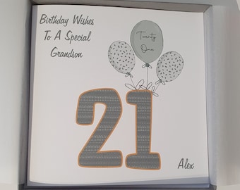 Personalised 21st Birthday Card Grandson Godson Son Nephew Daughter Granddaughter 16th 18th 30th 40th Any Age, Relation, Colour  (SKU1001)