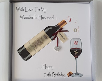 Personalised 70th Birthday Card Husband Son Dad Wife Grandad Brother In law Sister 40th 50th Red Wine Any Relation/Age/Tipple (SKU1018)