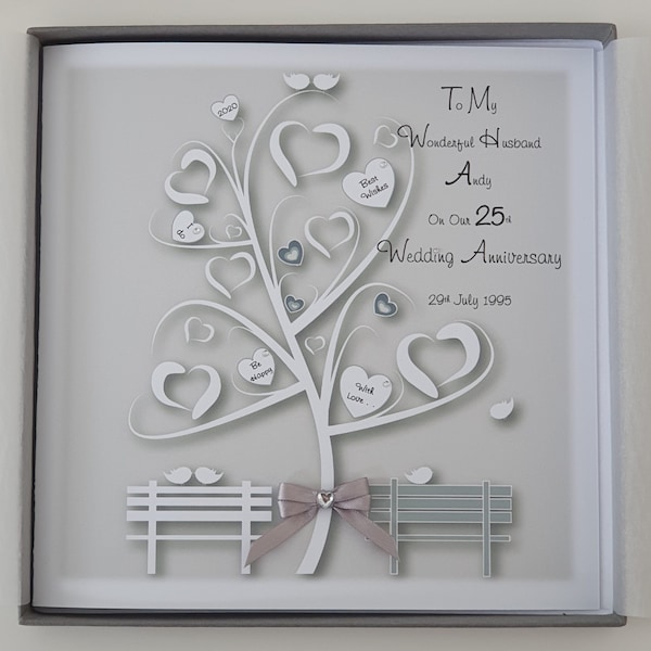 Cartão personalizado de 25º aniversário de casamento em prata, marido ou mulher, de qualquer ano, cor ou casal (SKU776)