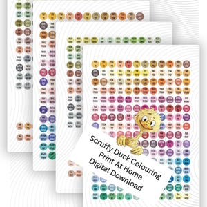 May include: Four sheets of paper displaying color swatches for markers, with a variety of hues and shades. The sheets are labeled with color codes. One sheet has a cartoon duck and the text "Scruffy Duck Colouring Print At Home Digital Download."