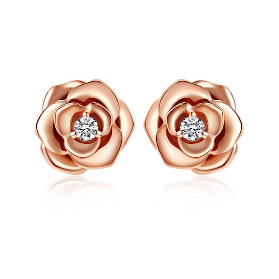 18ct Solid Gold Rose Flower Earrings With Diamond Studs Etsy