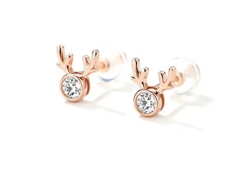 18ct Solid Gold Deer Head Stud Earrings - 18k Fine Gold Rose Gold Deer Earrings - Cute Christmas Earrings - Gift for Her