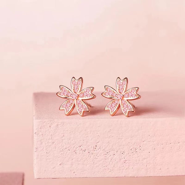 Rosa Kirschblüten Ohrstecker - Sakura Ohrringe - 925 Sterling Silber Zirkon Blüten Ohrringe - Geschenk für Sie