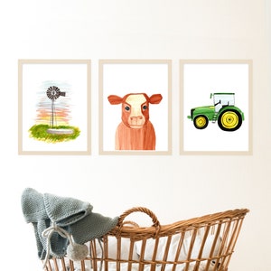 Estampados de vivero de granjas - Vaca, Tractor y Molino de Viento