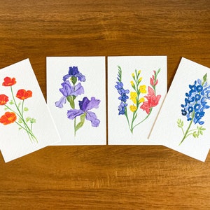 Cartões postais florais em aquarela - Cartões Bluebonnet, Iris, Poppy e Gladiolus - Conjunto de 4