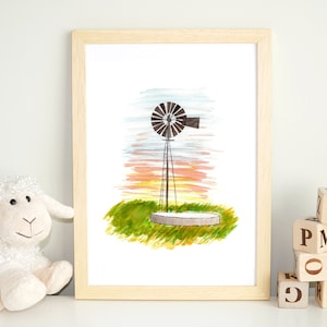 Windmill watercolor print