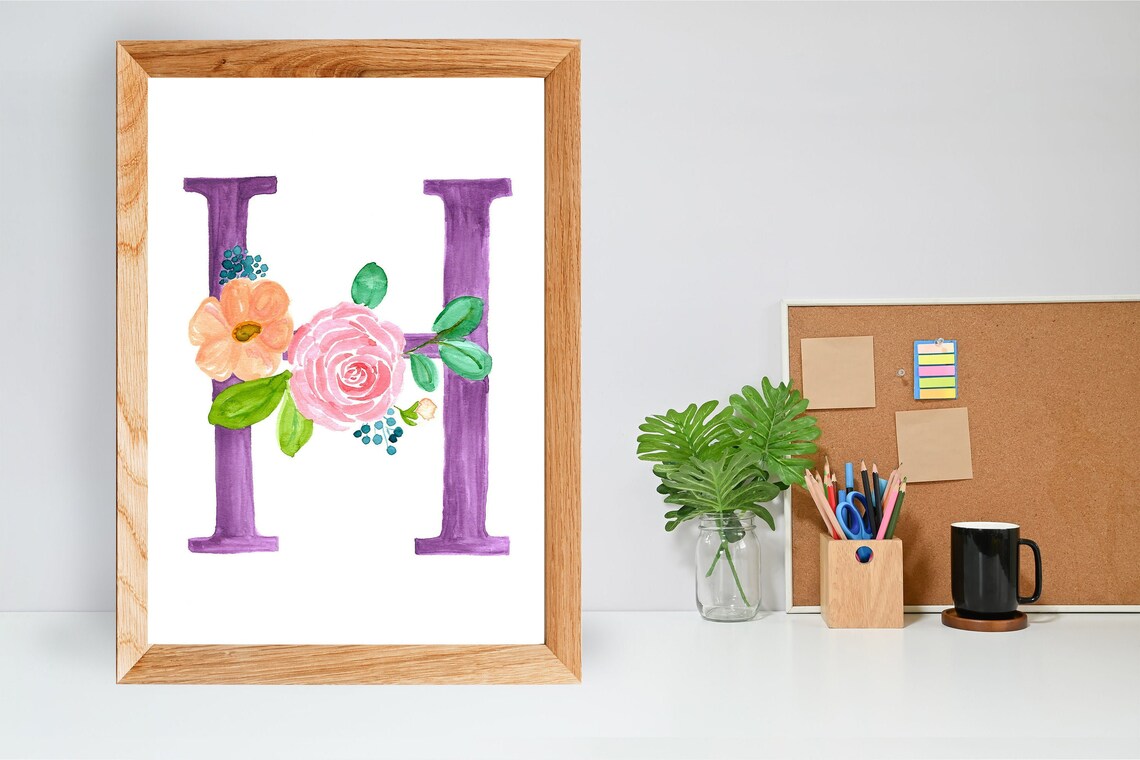 Letter H Print Floral Nursery Decor Girls Room Digital | Etsy