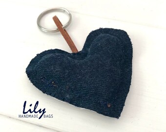 Denim heart key ring/Upcycled handmade women’s keychain/Reversible bag charm