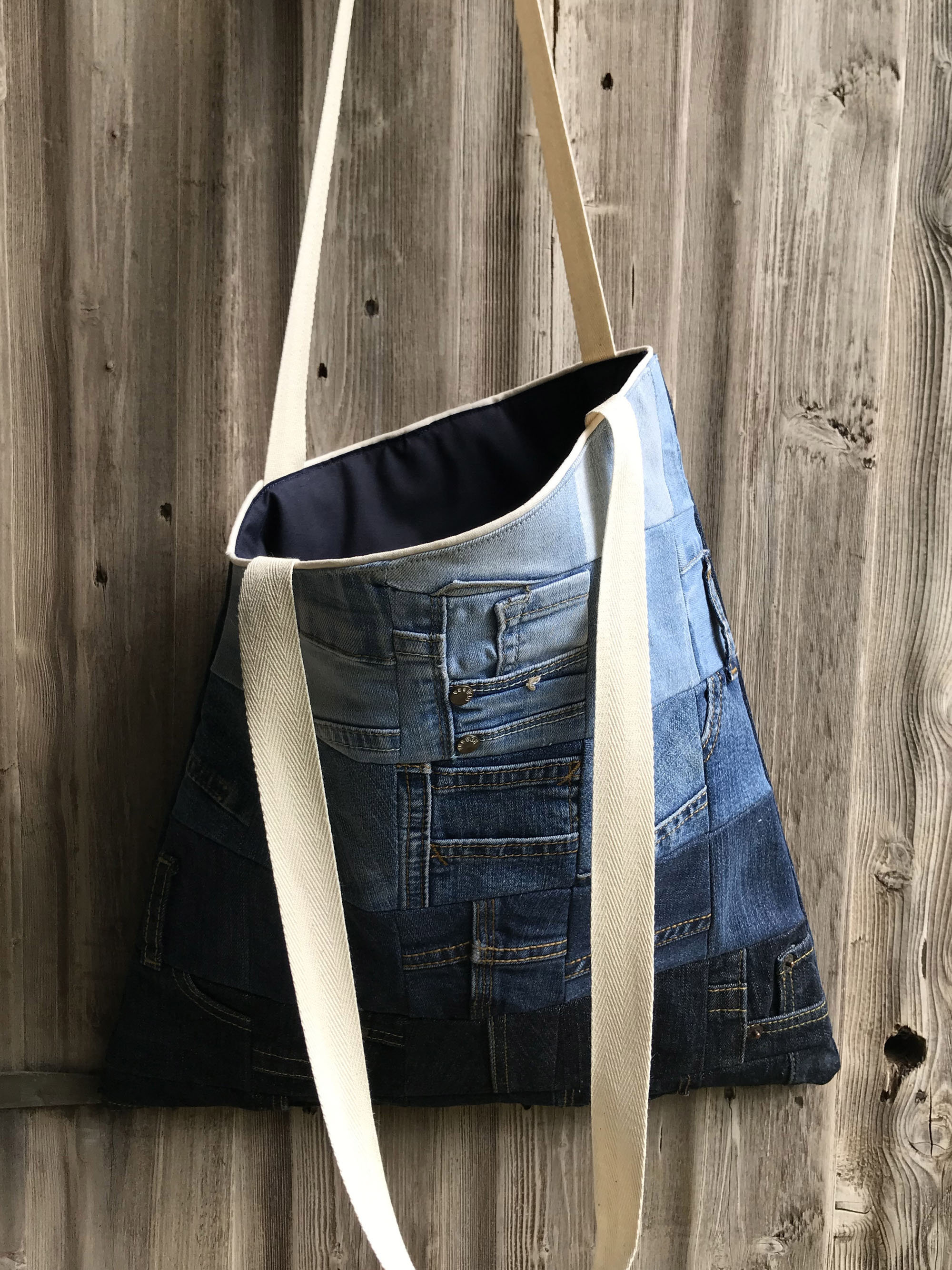 Handmade denim patchwork tote bag/Unique repurposed | Etsy