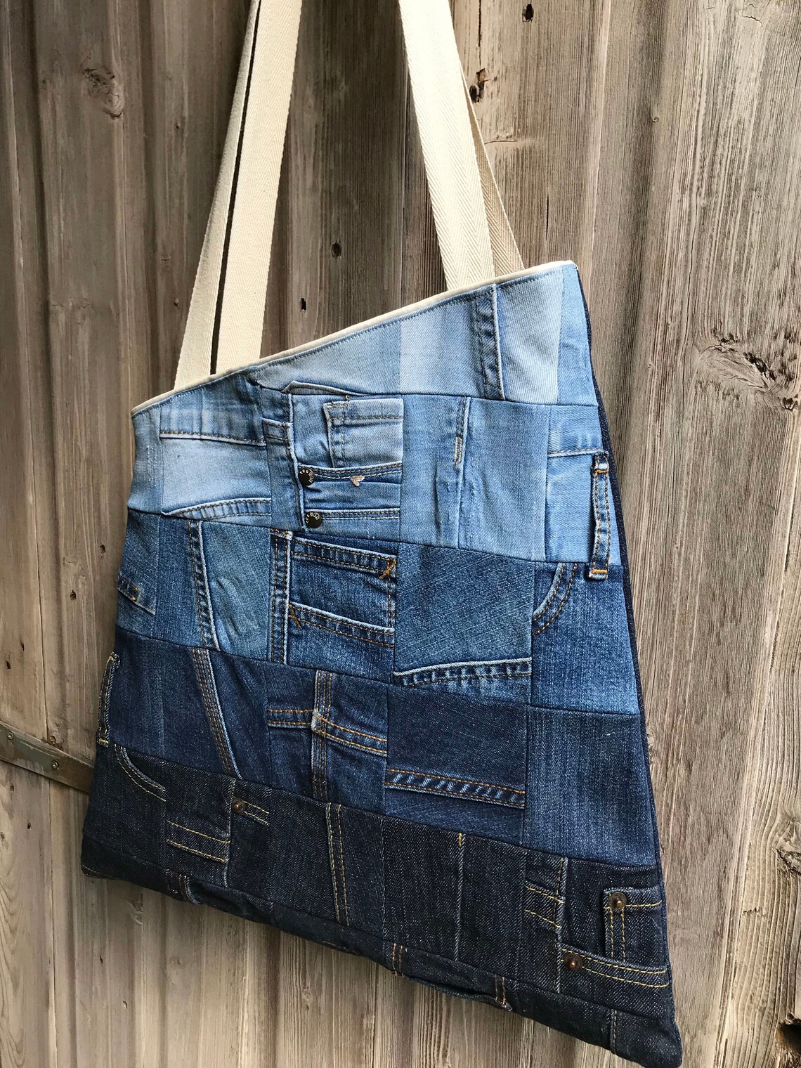 Handmade denim patchwork tote bag/Unique repurposed | Etsy