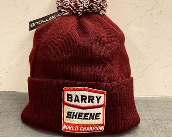 Gorro de lana con pompón bordado de Barry Sheene, color burdeos, talla única para adultos