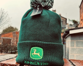 Gorro con pompón bordado John Deere verde, talla única para adultos