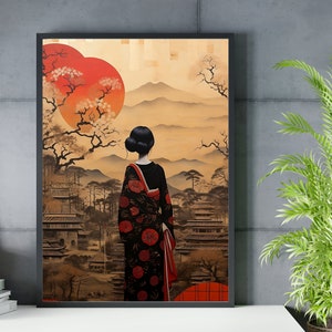 Art mural Wabi Sabi : Une femme dans un kimono noir - Impression d'art japonais