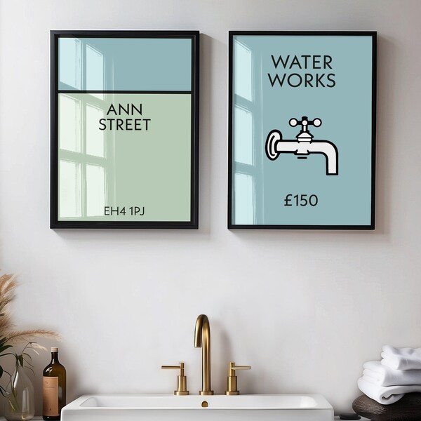 Set of 2 Personalised Monopoly Print and Waterworks, Monopoly Wall Art Poster, Personalised Property, Bathroom Print, Any Street Name