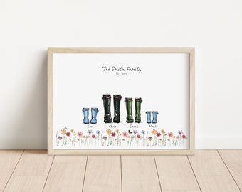 Floral personalised family wellington boots print, Personalised family print, Welly family art, Custom family and pet print, Family wellies