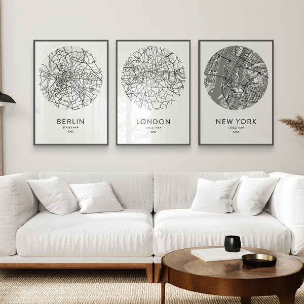 Set Of 3 Custom Maps, City Map Prints, Country Map Print, Personalised Map Print, Any Location Map, Round City Poster, City Wall Art Print