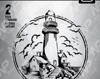 Lighthouse SVG, Ocean Scene Silhouette (Digital Download)