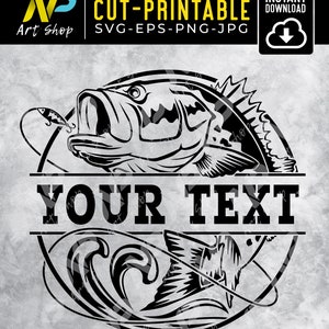 May include: Black and white silhouette of a bass fish jumping out of the water with a fishing lure in its mouth. The fish is in a circle with waves and the text "YOUR TEXT" below it.