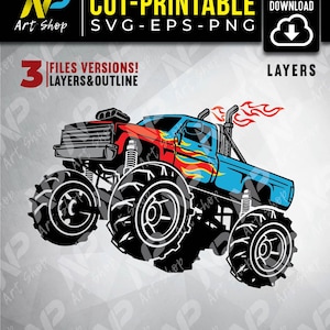 Monstertruck, Extrem Fahrzeug Muskel Riesenrad, Feuer Flammen Reifen Off Road 4x4, svg für Cricut
