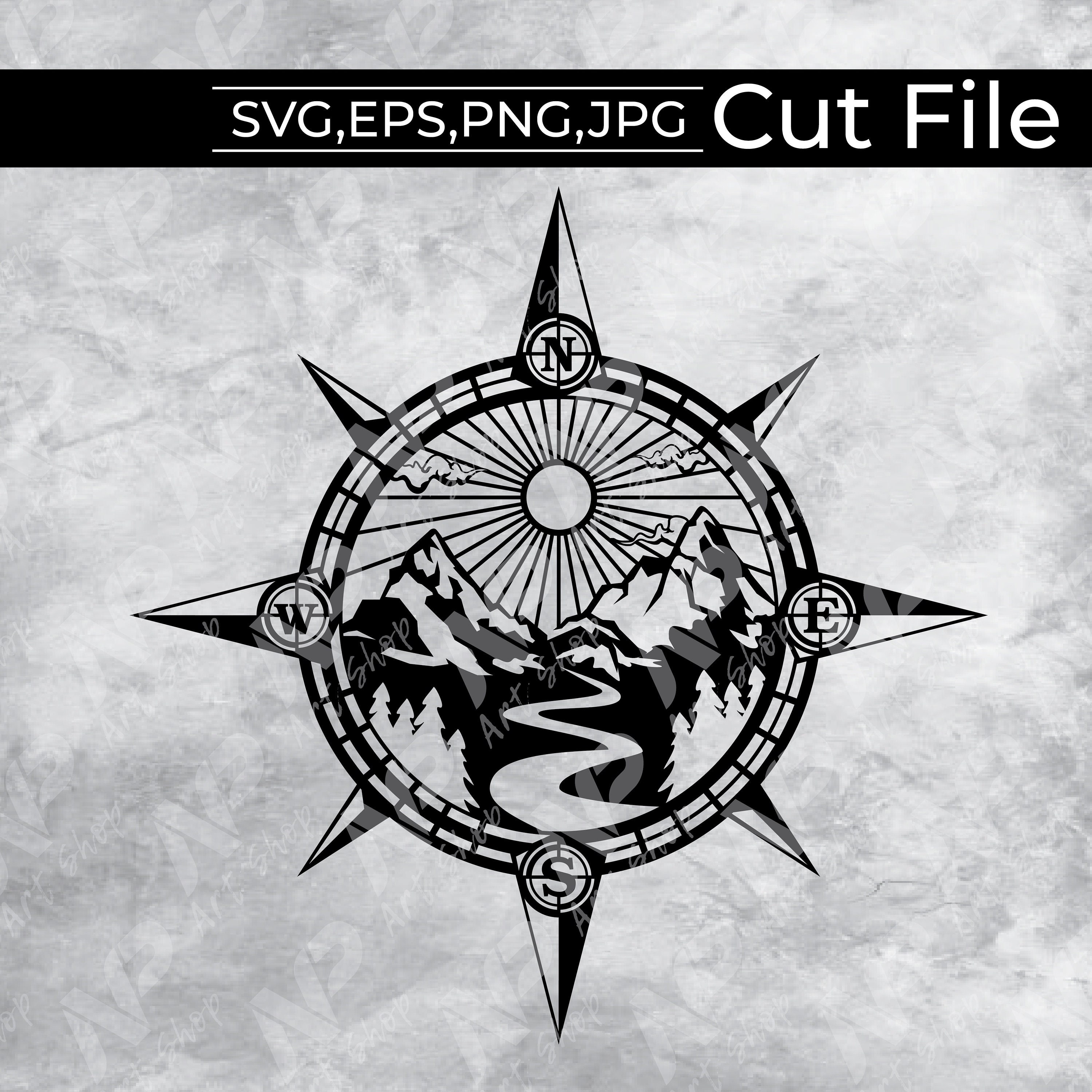 Mountains compasspine treescool compass svgsun and Etsy