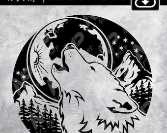 Howling Wolf Forest Scene (svg, eps, png, jpg) (Digital Download)