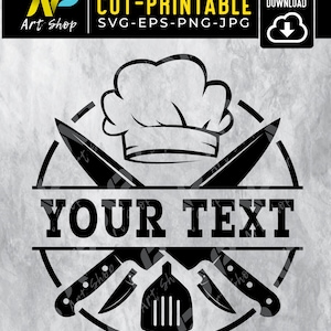 May include: Black and white graphic design of a chef's hat with crossed kitchen knives and a spatula. The text "YOUR TEXT" is in the center of the design.