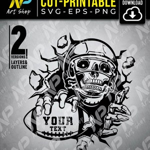 May include: Black and white digital illustration of a skull wearing a football helmet and holding a football. The skull is breaking through a cracked wall. The football has the text "YOUR TEXT" on it.