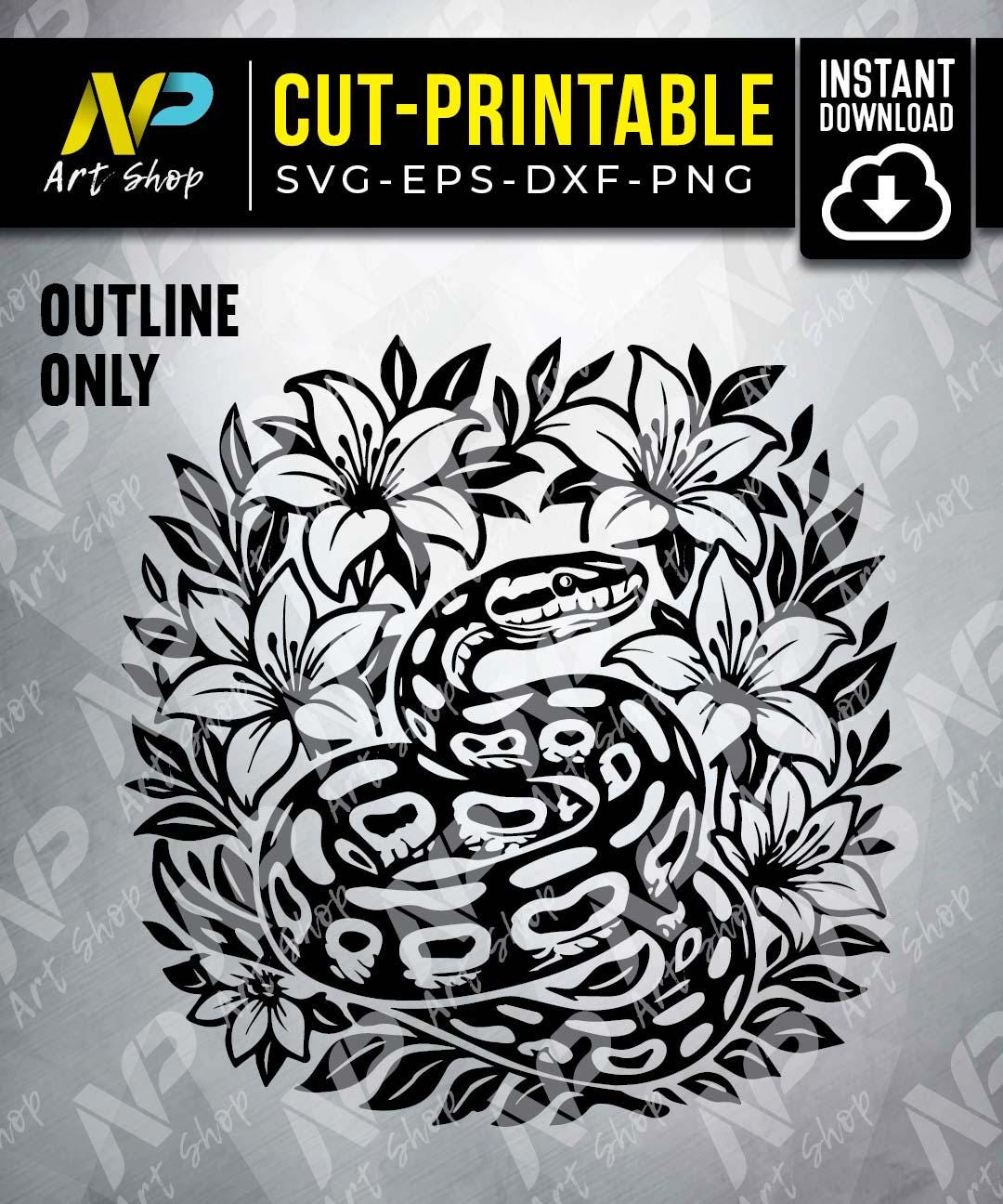 Python Snake Engraving Vector Ball Python Snake With Lily Flowers SVG | Black and White Stencil Cut ...