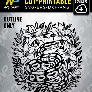 Peut inclure: Design noir et blanc imprimable et découpable représentant un serpent enroulé dans des fleurs. Le design comprend le texte "CUT-PRINTABLE" et "INSTANT DOWNLOAD". L'image est de AP Art Shop.