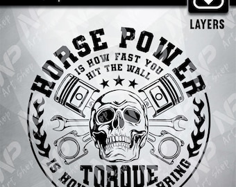 Peut inclure: Conception graphique en noir et blanc avec un crâne au centre et les mots "Horse Power" et "Torque" autour. Le texte dit "Horse Power is how fast you hit the wall" et "Torque is how far you bring the wall with you".
