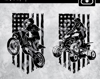 May include: Two black silhouettes of people riding a dirt bike and an ATV in front of a distressed American flag. The flag is black and white with stars and stripes.