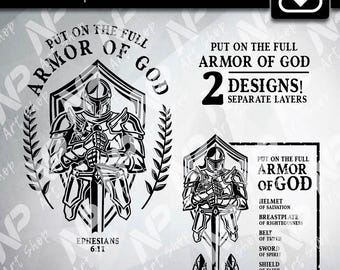 May include: Black and white digital design of a knight in armour with a sword. The design includes the text "Put on the full armour of God" and "Ephesians 6:11".