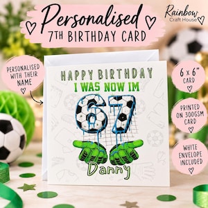 May include: A square birthday card featuring a football theme with the text Happy Birthday I Was Now Im 67 and the name Danny. The design includes large numbers styled as footballs, green goalkeeper gloves, and a football net background.