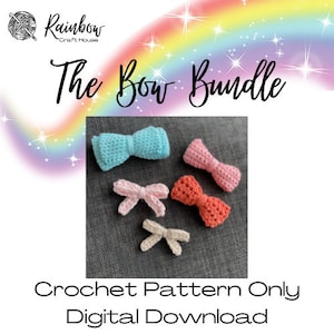 May include: Crochet pattern for a set of four bows in different colours: light blue, pink, coral, and cream. The pattern is a digital download and is titled "The Bow Bundle".