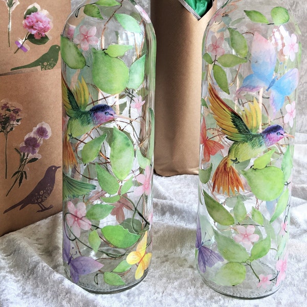 Delightful Bird, Butterfly & Foliage Bottle Light - Vinyl Decoupage on Upcycled Bottle - Fairy Lights, Batteries - Personalized Gift