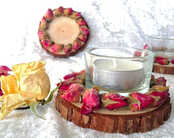 Juego de portavelas Rose Bud Tea Light Candle Holder - Rodaja de madera orgánica