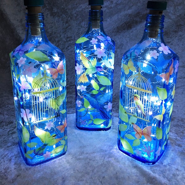 Delightful Bombay Sapphire Bird Garden Bottle Light - includes  bottle light with batteries - lovely gift for yourself or a loved one