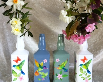 Jarrón de botellas recicladas, pintado a mano – Decoración de pájaros y flores