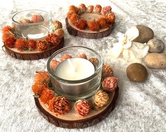 Portavelas de té de flores silvestres – Amaranto, rodaja de madera, vela orgánica