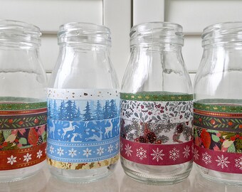 Jarrones navideños retro - Decorados a mano con cinta washi o lazo de organza