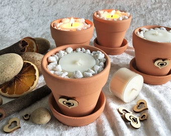 Set de velas de té de soja – Naranja y canela, caja de regalo en maceta de terracota