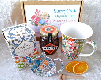 Caja de regalo de té de miel de Manuka, taza de William Morris, palito para llovizna - Día de la Madre
